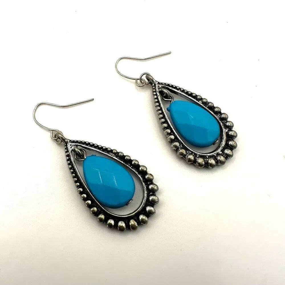 Silver tone and blue teardrop earrings